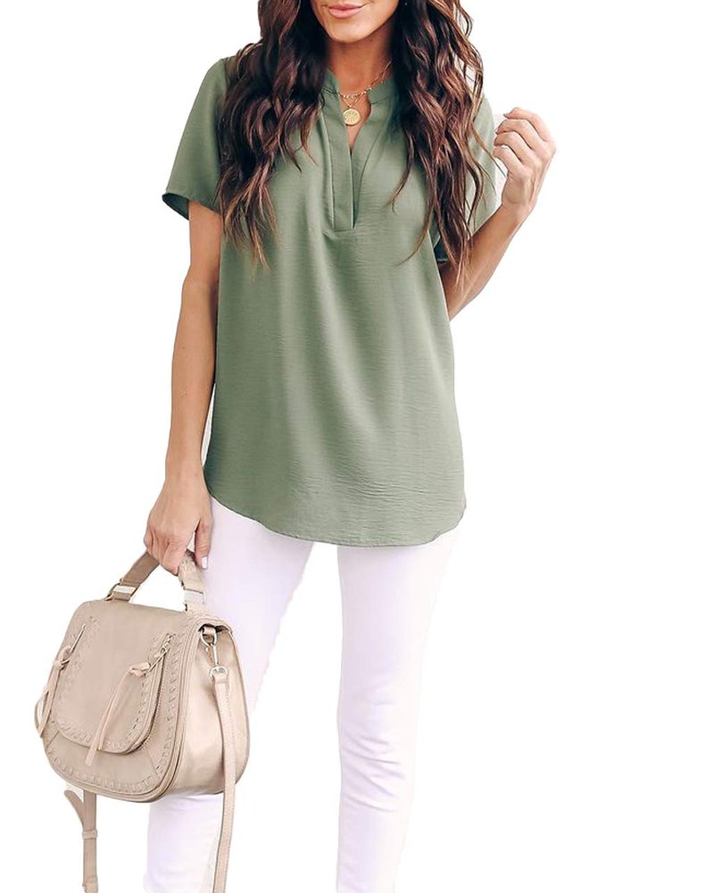 Allimy Women Summer Casual Short Sleeve Tunic Tops for Leggings Chiffon Dressy Blouses Pastel S Army - Image 3